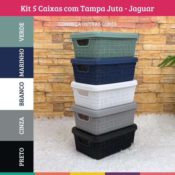 Kit 5 Caixas Juta Cesto Organizador c/ Tampa Multiuso Branca - Jaguar Imagem de Kit 5 Caixas Juta Cesto Organizador c/ Tampa Multiuso Branca