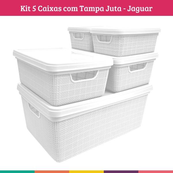Kit 5 Caixas Juta Cesto Organizador c/ Tampa Multiuso Branca - Jaguar Imagem de Kit 5 Caixas Juta Cesto Organizador c/ Tampa Multiuso Branca