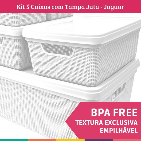 Kit 5 Caixas Juta Cesto Organizador c/ Tampa Multiuso Branca - Jaguar Imagem de Kit 5 Caixas Juta Cesto Organizador c/ Tampa Multiuso Branca