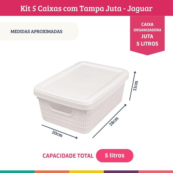 Kit 5 Caixas Juta Cesto Organizador c/ Tampa Multiuso Branca - Jaguar Imagem de Kit 5 Caixas Juta Cesto Organizador c/ Tampa Multiuso Branca
