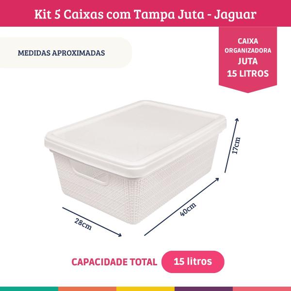 Kit 5 Caixas Juta Cesto Organizador c/ Tampa Multiuso Branca - Jaguar Imagem de Kit 5 Caixas Juta Cesto Organizador c/ Tampa Multiuso Branca