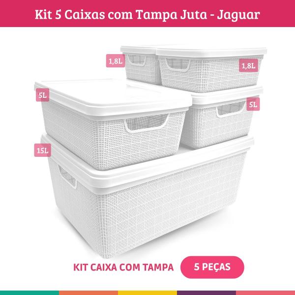 Kit 5 Caixas Juta Cesto Organizador c/ Tampa Multiuso Branca - Jaguar Imagem de Kit 5 Caixas Juta Cesto Organizador c/ Tampa Multiuso Branca