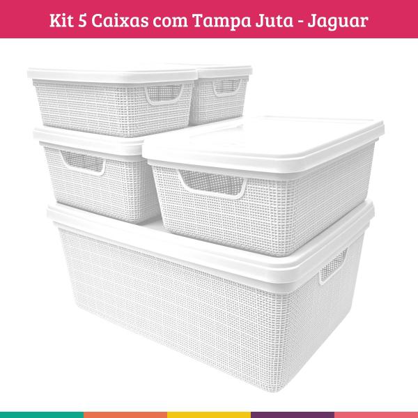 Kit 5 Caixas Juta Cesto Organizador c/ Tampa Multiuso Branca - Jaguar Imagem de Kit 5 Caixas Juta Cesto Organizador c/ Tampa Multiuso Branca