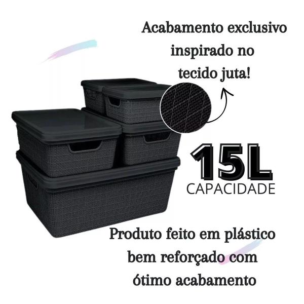 Imagem de Kit 5 Caixas Organizadoras Cesto Tampa Multiuso 1,8l 5l 15l