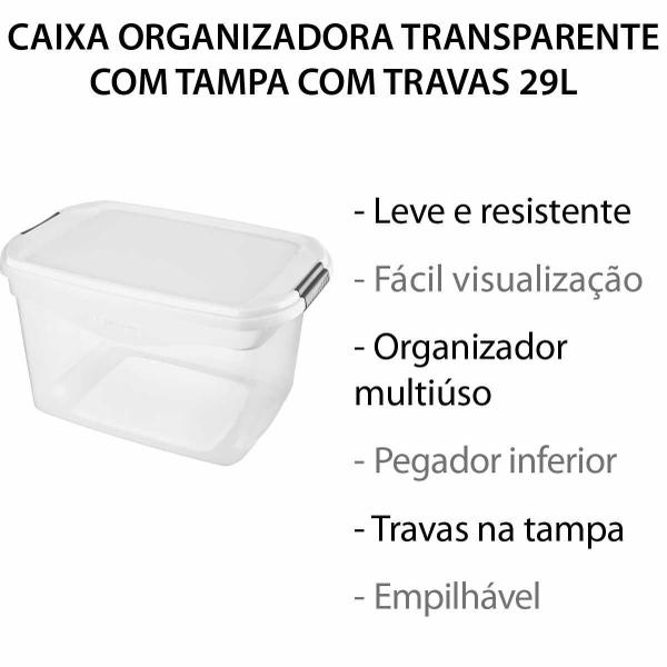 Imagem de Kit 5 Caixas Organizadoras Transparente Tampa Com Travas 29L