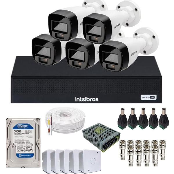 Imagem de Kit 5 Câmeras Intelbras 1120b Full Color, Dvr 8ch Mhdx 1008c Hd 500gb