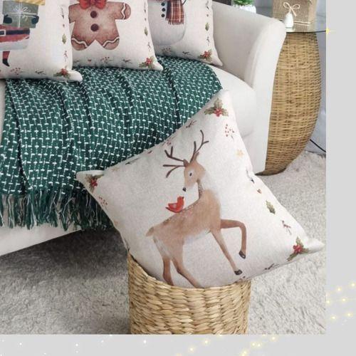 Imagem de  Kit 5 Capa para Almofada Natalina Linho Luxo Sofisticada Decoração de Natal Papai Noel Renas Boneco de Neve  43x43cm Lizzi