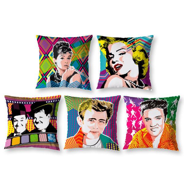 Imagem de Kit 5 Capas de Almofada 40cm Artistas Audrey Marilyn Elvis