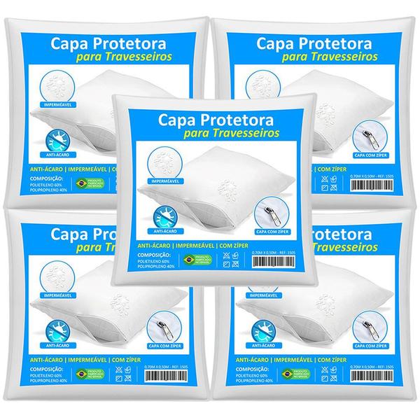 Kit 5 Capas Travesseiro Impermeável Branca 50cm x 70cm Com Zíper e HipoAlergênico Kit 5 Capas Travesseiro Impermeável Branca 50cm x 70cm Com Zíper e HipoAlergênico