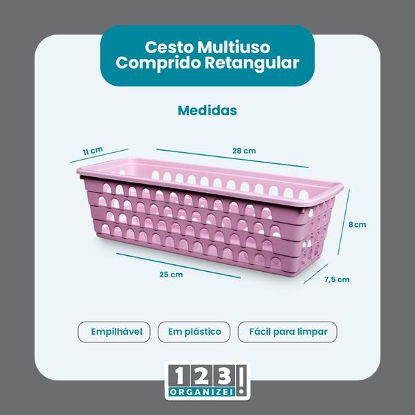 Imagem de Kit 5 Cestos Organizador Retangular 28x11x8Cm + 10 Cabides Rosa