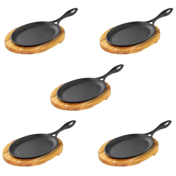 Imagem de kit 5 Chapas Frigideira Mix Grill Oval Ferro Fundido com Tábua de Madeira