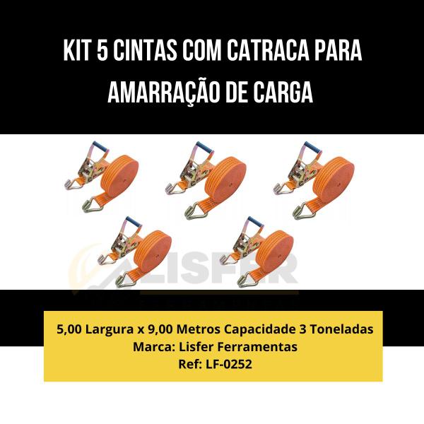 Kit 5 Cinta Com 5 Catraca 5x9 Mts 3 Toneladas - Lisfer Imagem de Kit 5 Cinta Com 5 Catraca 5x9 Mts 3 Toneladas - Lisfer