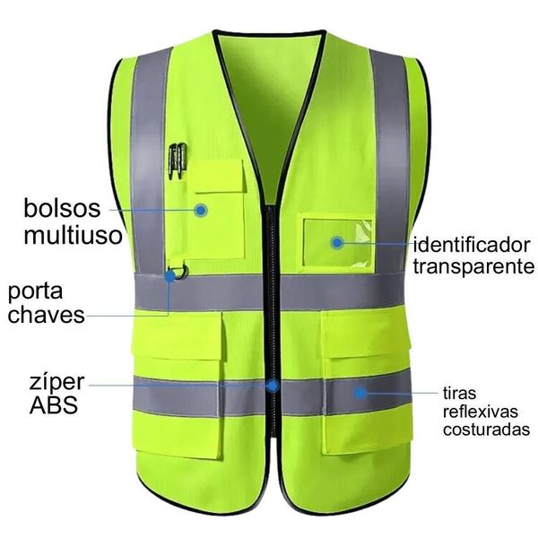 Imagem de Kit 5 Colete Segurança Sinalização Refletivo Bolso E Zíper