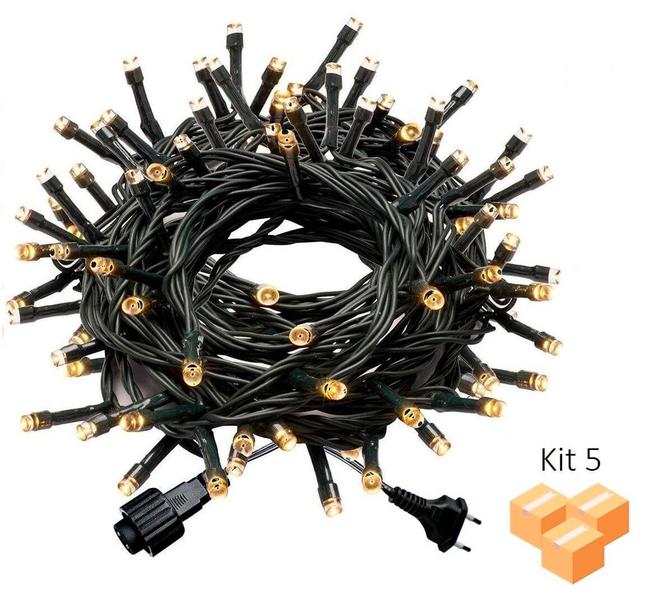 Imagem de Kit 5 Cordão de Led Branco Quente 100 Lâmpadas Fixo Fio Verde