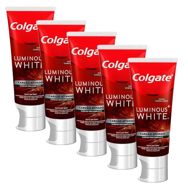 Imagem de Kit 5 Creme Dental Colgate Luminous White Carvão Ativado 70g