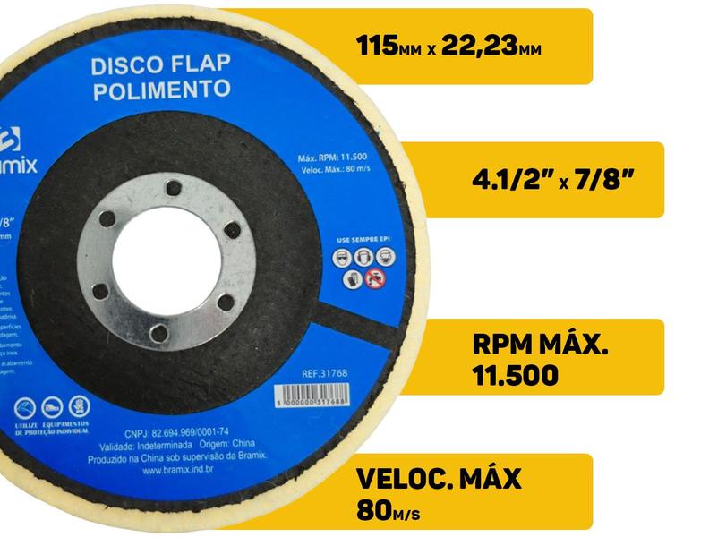 Imagem de Kit 5 Discos Flap Em Feltro Lã Profissional Para Polimento Removedor Metal Inox Alumínio 115mm Bramix