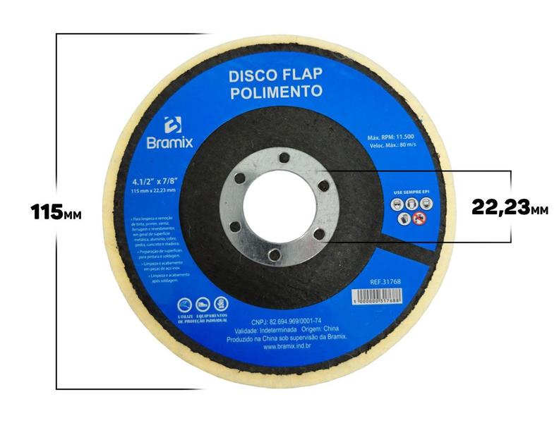 Imagem de Kit 5 Discos Flap Em Feltro Lã Profissional Para Polimento Removedor Metal Inox Alumínio 115mm Bramix