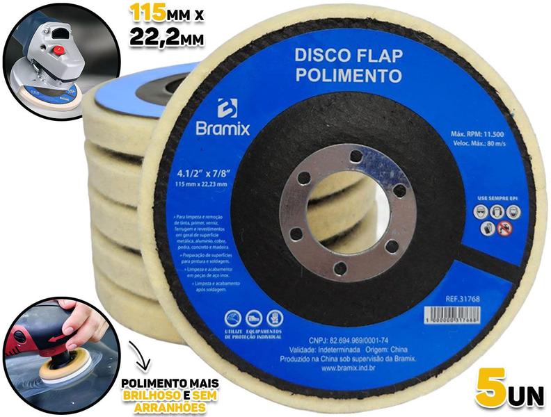 Imagem de Kit 5 Discos Flap Em Feltro Lã Profissional Para Polimento Removedor Metal Inox Alumínio 115mm Bramix