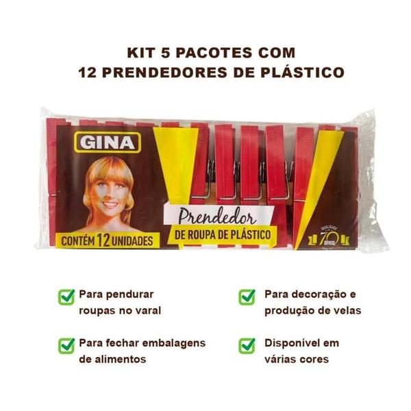 Imagem de Kit 5 Dúzias Pregador de Plastico Gina roupas tecidos varal lençol decoração artesanato 60 un