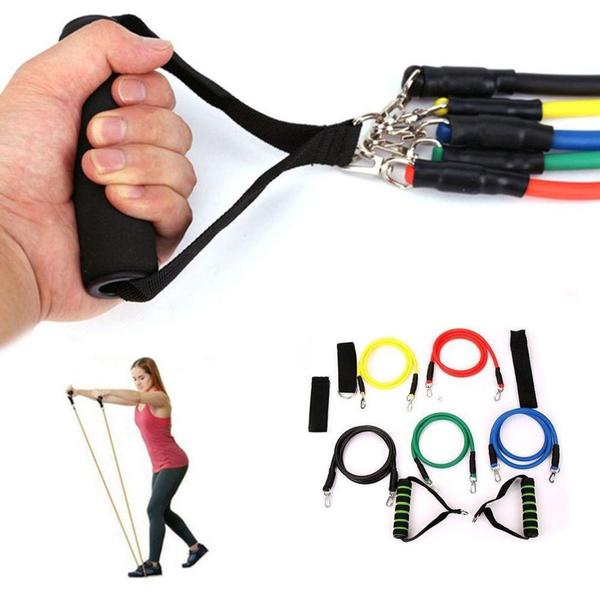 Imagem de Kit 5 Elasticos Extensores Tubing  11 peças total Fitness Exercicios Em Casa Funcional Esportes