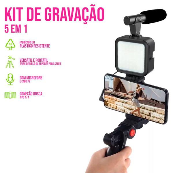 Imagem de Kit 5 em 1 Tripé Celular Estabilizador C/ Microfone Gravação Luz Led