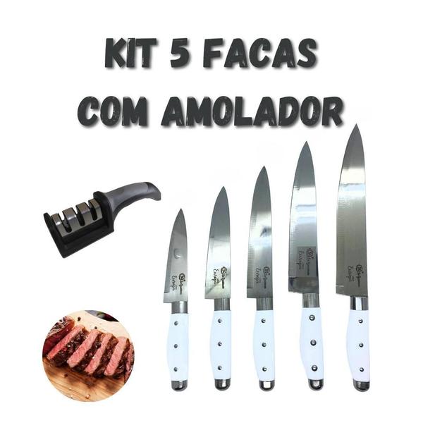 Imagem de Kit 5 Facas Inox Cozinha Carne Churrasco + Amolador Afiador