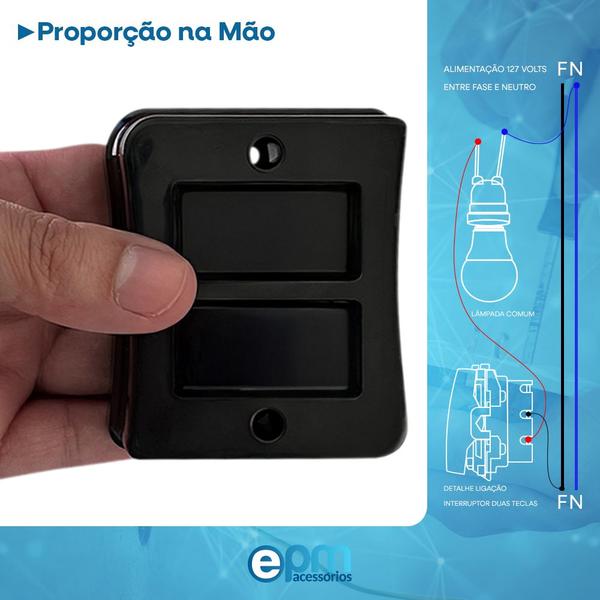 Imagem de Kit 5 Interruptor 2 Teclas Sobrepor Simples 10A Externo Com Placa Espelho Black 127v e 250v Linha Viena Bivolt