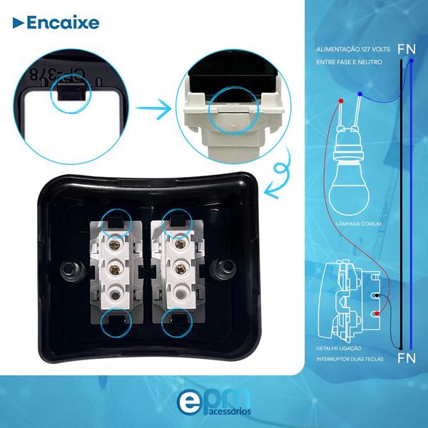 Imagem de Kit 5 Interruptor Simples 2 Teclas 10A Sobrepor Externo Com Espelho Placa Black 127v e 250v Bivolt Linha Viena