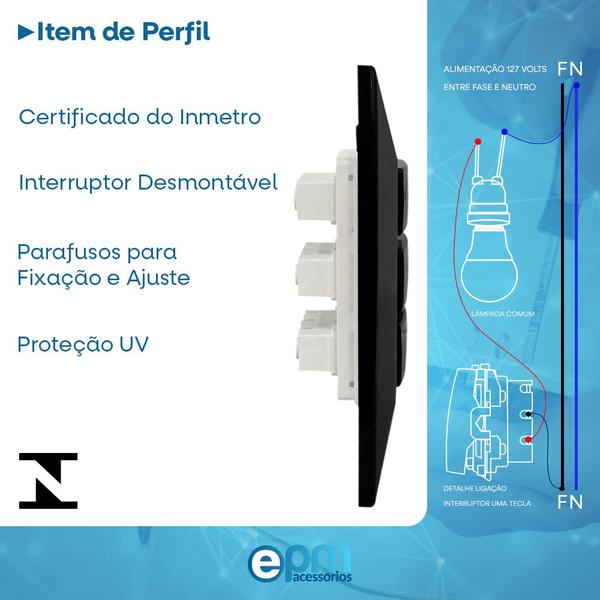 Imagem de Kit 5 Interruptor Simples 3 Teclas 10A Com Placa Espelho Black Linha Dubai Bivolt 127v e 250v