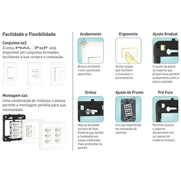 Imagem de Kit 5 Interruptores Com Tomada 10A PIAL PoP Simples Conjunto 4x2 LGX103