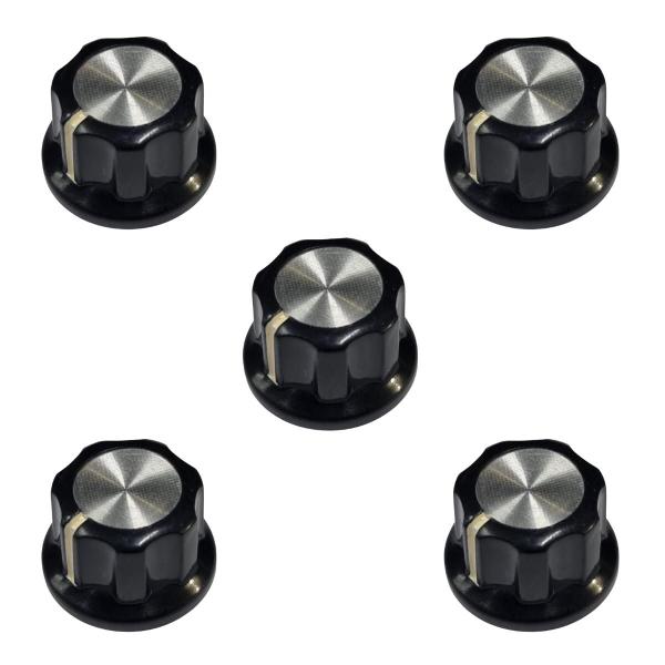 Imagem de Kit 5 Knob Preto Estriado ABS Topo Aluminio Escovado 