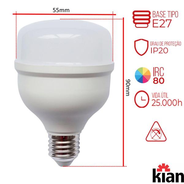 Kit 5 Lampada Led Bulbo 20W Branco Neutro 4000K Alta Potencia - KIAN Imagem de Kit 5 Lampada Led Bulbo 20W Branco Neutro 4000K Alta Potencia