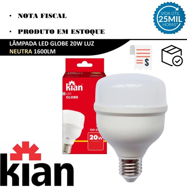 Kit 5 Lampada Led Bulbo 20W Branco Neutro 4000K Alta Potencia - KIAN Imagem de Kit 5 Lampada Led Bulbo 20W Branco Neutro 4000K Alta Potencia