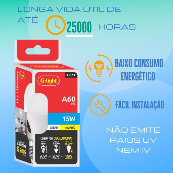 Kit 5 Lâmpada Led Bulbo A60 15W E27 6500K Luz Branca Fria Autovolt Alta Eficiência Econômica Casa - G-Light Imagem de Kit 5 Lâmpada Led Bulbo A60 15W E27 6500K Luz Branca Fria Autovolt Alta Eficiência Econômica Casa