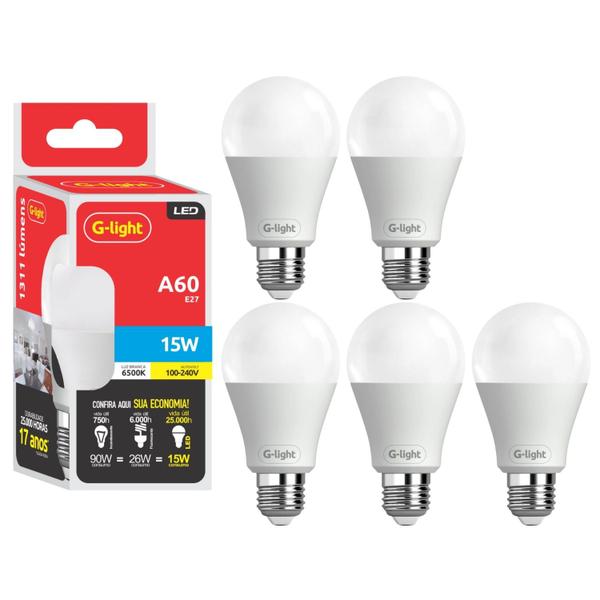 Kit 5 Lâmpada Led Bulbo A60 15W E27 6500K Luz Branca Fria Autovolt Alta Eficiência Econômica Casa - G-Light Imagem de Kit 5 Lâmpada Led Bulbo A60 15W E27 6500K Luz Branca Fria Autovolt Alta Eficiência Econômica Casa