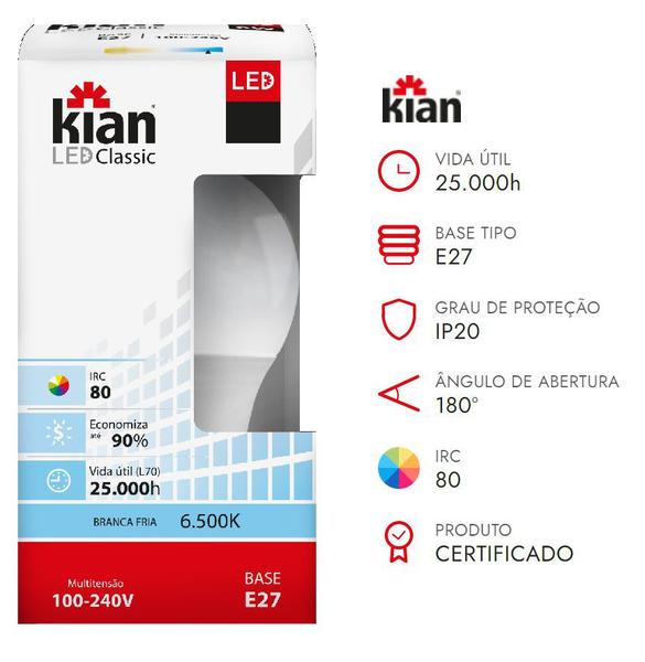 Kit 5 lampada led bulbo e27 a60 9w 6500k kian bivolt forte inmetro Imagem de Kit 5 lampada led bulbo e27 a60 9w 6500k kian bivolt forte inmetro