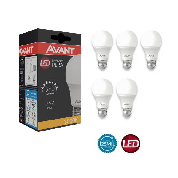 Imagem de Kit 5 Lâmpada Led Pêra Bulbo E27 3000k Luz Amarela 7w Avant