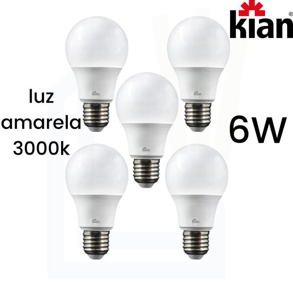 Imagem de Kit 5 Lâmpadas 6W Kian 110V/220V E27 Luz Amarela Quente 3000k