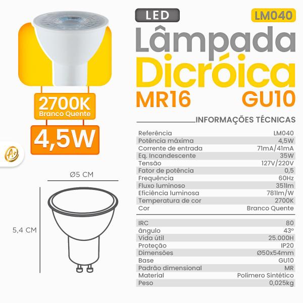 Imagem de Kit 5 Lâmpadas Dicróica MR16 Led 2700K/4000K/6000K 4,5W Bivolt Luminatti LM040LM609LM041