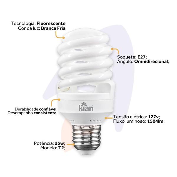 Imagem de Kit 5 Lâmpadas Eletrônica Espiral T2 E27 25w 127v