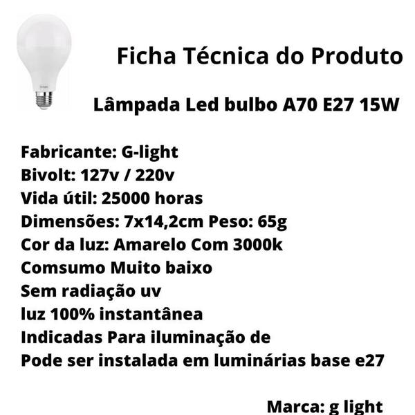 Imagem de Kit 5 Lampadas Led Bulbo A70 E27 15w 3000k Luz Amarela G-light