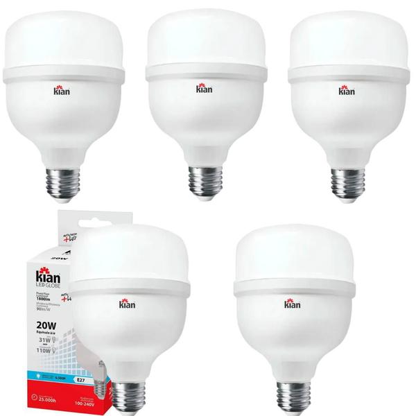 Imagem de Kit 5 Lâmpadas Led Super Bulbo 20W Bivolt Branco Frio Valor Promocional