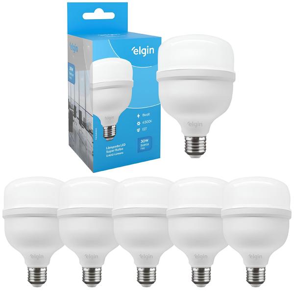 Imagem de Kit 5 Lâmpadas Led Super Bulbo 30w Alta Potência Bivolt Branco Frio Elgin