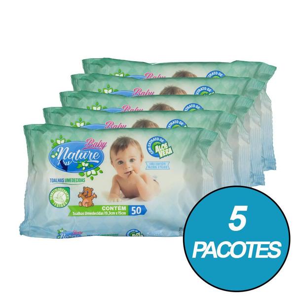 Imagem de Kit 5 Lencinho Umedecido Nature Plus Baby de Aloe Vera sem Álcool Etílico 50 Und