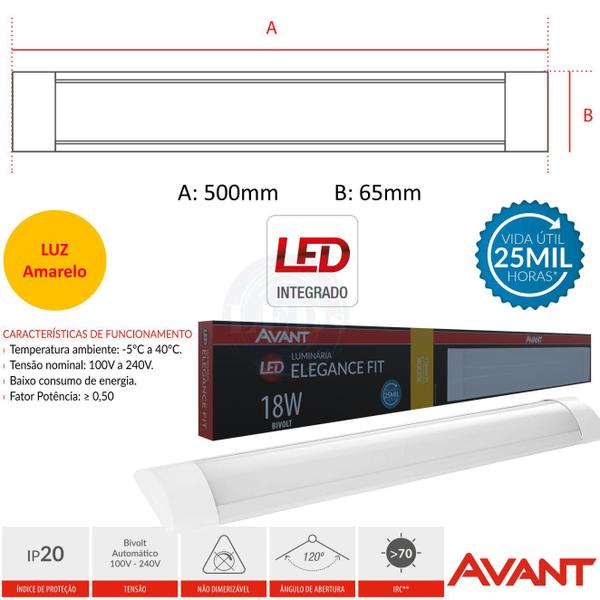 Imagem de Kit 5 Luminaria Led 18w Sobrepor Slim Fit 50cm Branco Quente 3000K