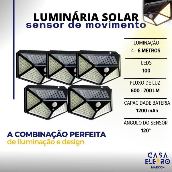 Imagem de Kit 5 Luminária Solar 100 Leds Sensor Movimento Externo