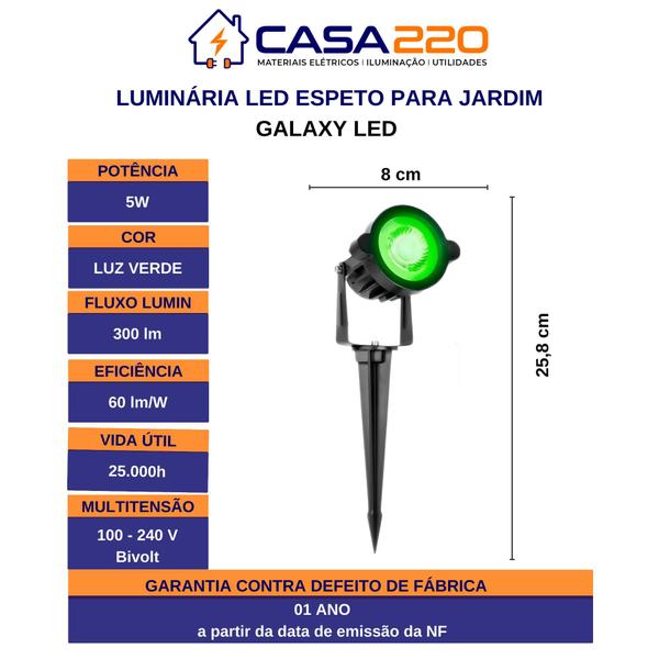 Kit 5 Luminárias Led Espeto para Jardim 5W Luz Verde Bivolt Galaxy LED Imagem de Kit 5 Luminárias Led Espeto para Jardim 5W Luz Verde Bivolt Galaxy LED
