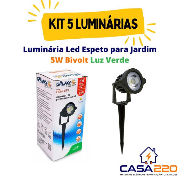 Kit 5 Luminárias Led Espeto para Jardim 5W Luz Verde Bivolt Galaxy LED Imagem de Kit 5 Luminárias Led Espeto para Jardim 5W Luz Verde Bivolt Galaxy LED