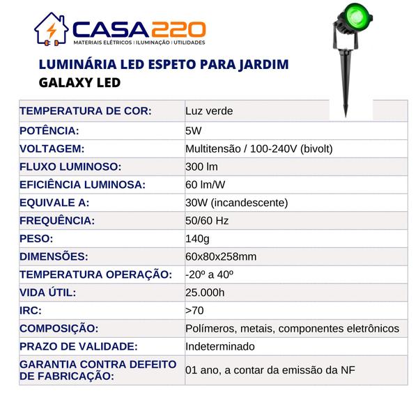 Kit 5 Luminárias Led Espeto para Jardim 5W Luz Verde Bivolt Galaxy LED Imagem de Kit 5 Luminárias Led Espeto para Jardim 5W Luz Verde Bivolt Galaxy LED