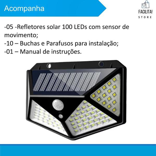 Imagem de Kit 5 Luminárias Solar 100 Leds Prova Dágua Sensor Presença